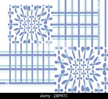 Pétales bleus et aqua et étoiles en carrés avec bandes sur fond blanc. Répétition de la répétition de surface sans couture. Banque D'Images