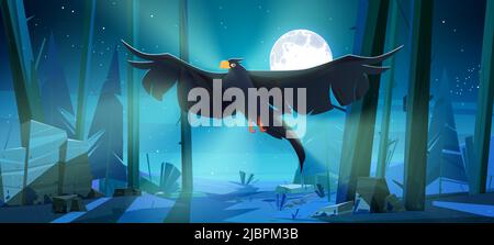 Noir corbeau volant dans la forêt de conifères la nuit. Illustration vectorielle de paysage de bois avec des sourcils sauvages avec ailes étalées, pins, pierres, herbe et pleine lune dans le ciel Illustration de Vecteur