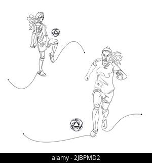 Dessin en ligne continu ou dessin en ligne simple de femmes jouant au football ou au football et donnant un coup de pied au ballon. Illustration vectorielle isolée sur fond blanc Illustration de Vecteur