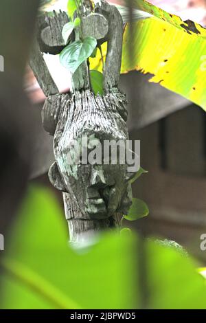 Un totem en bois de forme humaine dans le village de Nanga Raun, Kalis, Kapuas Hulu, Kalimantan occidental, Indonésie. Banque D'Images