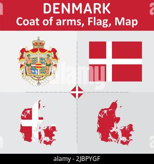 Danemark : objectif zéro réfugié . Danemark-armoiries-drapeau-et-carte-2jbpygf