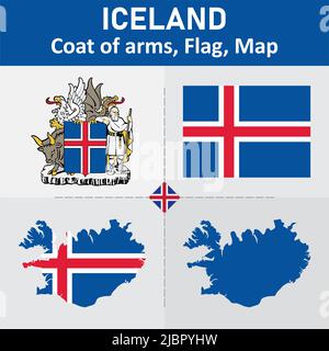 Islande armoiries, drapeau et carte Illustration de Vecteur