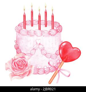 Desserts d'anniversaire roses. Gâteau avec bougies, lipop, rose. Illustration aquarelle. Isolé sur un fond blanc. Pour vos cartes d'anniversaire design Banque D'Images
