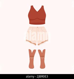 Ensemble de vêtements boho. Tenue de mode de style boho. Vêtements tendance. Illustration de Vecteur