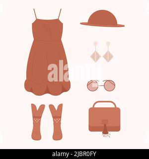 Ensemble de vêtements boho. Tenue de mode de style boho. Vêtements tendance. Illustration de Vecteur