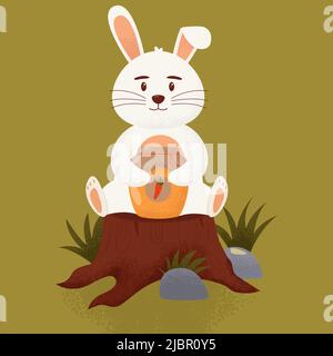 Un joli lapin avec un pot de confiture de carottes est assis sur une souche. Illustration vectorielle plate. Illustration de Vecteur