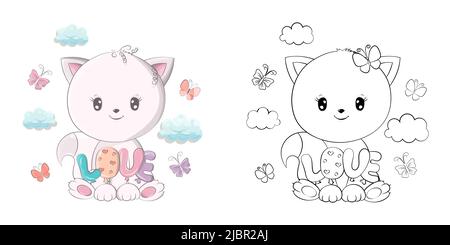 Clipart Cat multicolore et noir et blanc. Chat mignon clip Art avec des ballons dans la forme de l'Amour d'inscription. Illustration de Vecteur