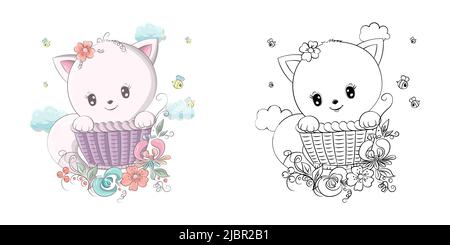 Chatte Clipart pour coloriage page et Illustration multicolore. Clip Art Cat dans un panier en osier. Illustration de Vecteur