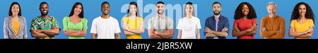 Ensemble de photos positives de personnes diverses sur fond bleu Banque D'Images