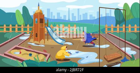 Aire de jeux plate pour enfants par temps pluvieux avec flaques et bac à sable, toboggan, balançoires. Garçons enfant en bottes de pluie jaunes et imperméable courant et jouant au parc. Espace public pour enfants avec bac à sable, balançoire de mer et glisseur Illustration de Vecteur