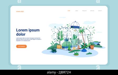 Serre avec plantes en pot et outils de jardinage page d'arrivée plate. Orangerie en verre avec arbres verts. Maison chaude ou pépinière botanique pour la culture et la culture de la plante de jardin en pots bannière web. Illustration de Vecteur