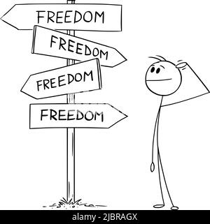 Personne debout sur le carrefour, décider et choisir entre Freedom Choices , Vector Cartoon Stick Figure Illustration Illustration de Vecteur
