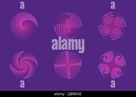 Ensemble de spirales, éléments de conception, motifs abstraits en pointillés. Tourbillon en spirale, points de torsion, demi-teinte tourbillonnaire. Modèles vectoriels de rotation radiale circulaire Illustration de Vecteur