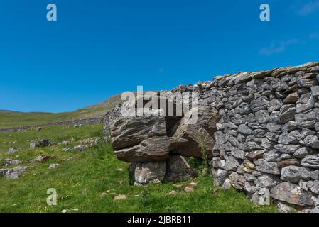 Bloc erratique construit dans un mur de pierre sèche à Norber près d'Austwick dans les Yorkshire Dales Banque D'Images