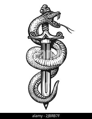 Serpent à dessin à la main enroulé autour du poignard. Illustration vectorielle tatouage de style gravure vintage Illustration de Vecteur