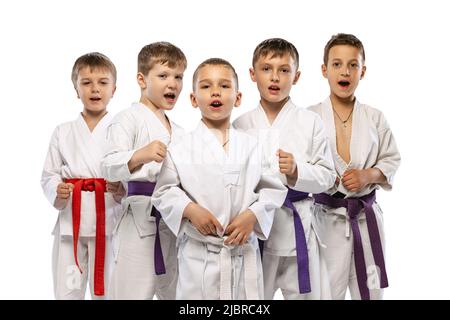 Groupe d'enfants heureux, jeunes combattants de karaté dans des doboks blancs debout ensemble isolés sur fond blanc. Concept de sport, arts martiaux Banque D'Images