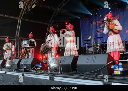 Le Rajasthan Heritage Brass Band se déroule au Wychwood Festival, Cheltenham, Royaume-Uni. 5 juin 2022 Banque D'Images