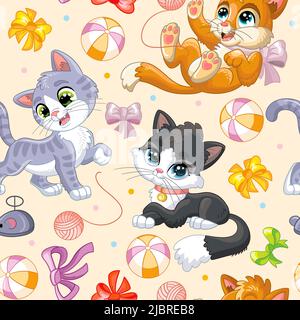 Motif sans couture chatons amusants avec boucles, balles et jouets pour chats. Illustration vectorielle de dessin animé avec caractère de chat. Imprimé puéril pour textiles, tissus, wa Illustration de Vecteur