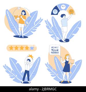 Concepts de feedback. Les hommes et les femmes partagent leur opinion sur le produit ou le service, l'évaluation de la qualité, l'échelle de satisfaction, comme, les commentaires, cœur, étoiles, Illustration de Vecteur