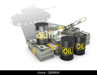 Des piles de dollars et de barils de pétrole jettent une ombre en forme de panzer militaire. 3d rendu. Banque D'Images