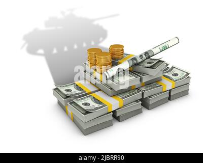 Des piles de dollars et de pièces jettent une ombre en forme de panzer militaire. 3d rendu. Banque D'Images