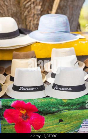 Panama, Panama City, chapeaux sur le stand d'une boutique de souvenirs au Mirador de los Américas Banque D'Images