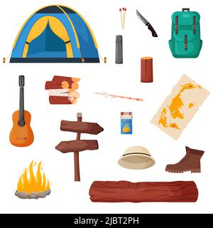 Camping et randonnée. Collection d'outils de voyage pour le camp d'été pour la survie dans la nature, tente, sac à dos, carte, hache, feu de camp et autres équipements de camping Illustration de Vecteur