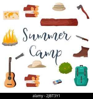 Camping et randonnée. Collection d'outils de voyage pour le camp d'été pour la survie dans la nature, tente, sac à dos, carte, hache, feu de camp et autres équipements de camping Illustration de Vecteur