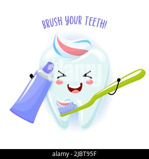 Brossez vos dents - le caractère mignon de dent avec les cheveux de dentifrice et la tenue de brosse à dents. Kawaii visage souriant. Brossage quotidien des dents. Illustration de Vecteur