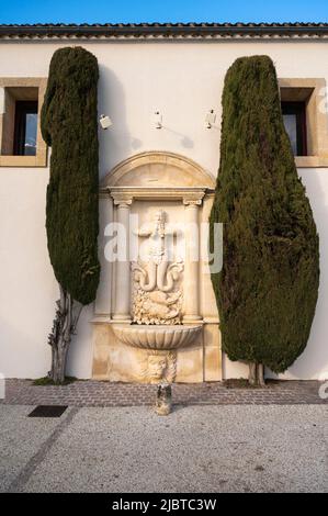 France, Gironde (33), Saint-Émilion, classé au patrimoine mondial de l'UNESCO, Château Cadet-bon, classé Premier Grand cru classé, fontaine du château Banque D'Images