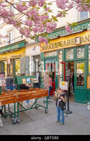 France, Paris, quartier Saint Michel, rue de la Bucherie, cerisiers en fleurs, librairie Shakespeare and Company Banque D'Images