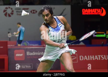 Jakarta, Indonésie. 8th juin 2022. Pusarla V. Sindhu, de l'Inde, participe au match des femmes célibataires de 32 contre Line Christophersen, du Danemark, au Daihatsu Indonesia Masters 2022, au stade sportif Istora Senayan de Jakarta, en Indonésie, sur 8 juin 2022. Credit: Veri Sanovri/Xinhua/Alay Live News Banque D'Images