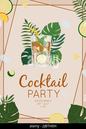 Boisson alcoolisée d'été, cocktail tropical. Longue île. Concept de fête sur la plage. Belle carte de vœux, invitation pour la fête d'été. Vecteur plat Illustration de Vecteur