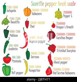 Échelle thermique au poivre de Scoville. Illustration du poivre, du plus doux au plus chaud. Illustration de Vecteur