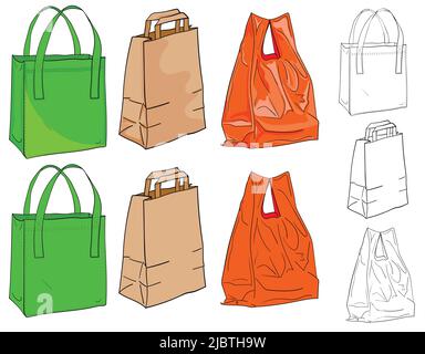 Sacs pour faire du shopping. Un sac en tissu, un sac en papier et un sac en plastique au choix dans la couleur et le noir et blanc. Illustration de Vecteur