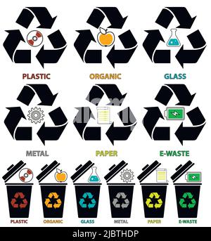 Icônes de corbeille avec différentes couleurs types de déchets: Organique, plastique, métal, papier, verre, E-déchets de style plat isolés sur fond blanc. VEC Illustration de Vecteur