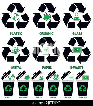 Icônes de corbeille avec différents types de déchets: Organique, plastique, métal, papier, verre, E-déchets de style plat isolés sur fond blanc. Illustration de Vecteur