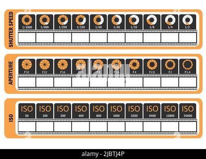 Modèle d'infographie Triangle d'exposition photographique avec ouverture de vitesse d'obturation et paramètres ISO Orange Illustration de Vecteur