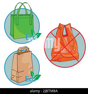 Illustration de l'achat de sacs écologiques par rapport au plastique. Un sac en tissu, un sac en papier et un sac en plastique. Icônes de sélection des matériaux d'emballage. Illustration de Vecteur