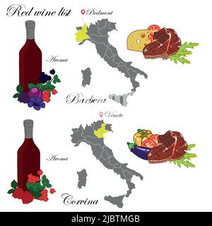 Barbera et Vénétie. La carte des vins. Une illustration d'un vin rouge avec un exemple d'arômes, une carte du vignoble et une nourriture qui correspond au vin. Illustration de Vecteur