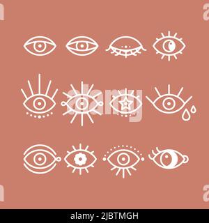 Ensemble d'icônes yeux boho. Collection d'yeux linéaires géométriques. Contour blanc. Illustration vectorielle, conception plate Illustration de Vecteur