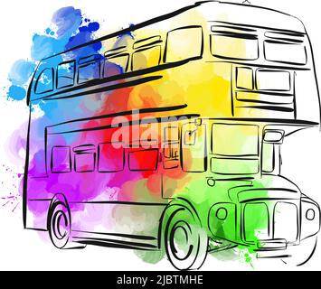 Bus londonien coloré. Dessin réel à la main. Signe vectoriel coloré. Illustration de Vecteur