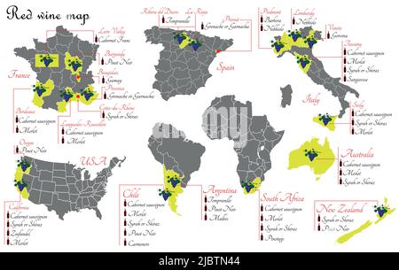 Cartes des vins rouges. Cartes de production de vin montrant les variétés de raisin. Régions de cépage pour la production de vin. Illustration de Vecteur