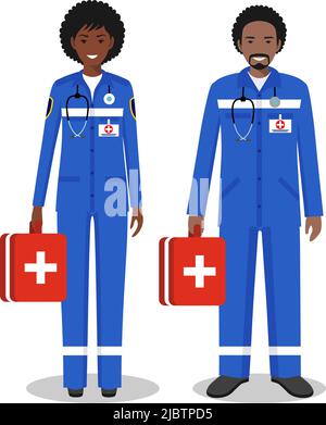 Concept médical. Couple de médecins afro-américains homme et femme debout ensemble sur fond blanc dans un style plat. Design plat personnages de personnes. Illustration de Vecteur