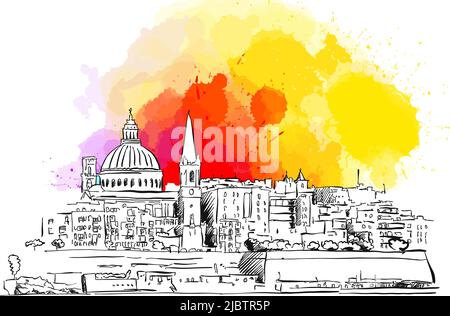 Valetta Skyline. Dessin réel à la main. Signe vectoriel coloré. Illustration de Vecteur