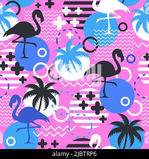 Motif sans couture avec flamants roses et palmiers. Le fond exotique d'Hawaï est tropical branché. Conception pour tissu, textile, papier d'emballage Illustration de Vecteur