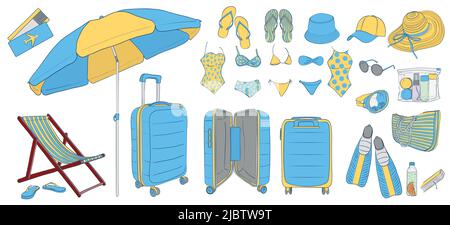 Vacances au bord de la mer. Illustration d'un set pour des vacances sur la côte de la mer. Illustration de Vecteur