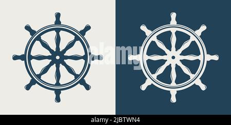 Vecteur tiré à la main navire Helm Icon Set isolé. Modèle de conception pour tatouages, chemises, logo, étiquettes. Volant de direction, symboles marins anciens Illustration de Vecteur