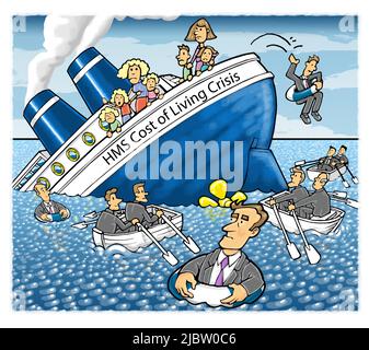 Dessin animé art: Crise du coût de la vie, les familles bloquées sur un navire naufrain, les hommes en costume, représentant les grandes entreprises et les banques, quittant le navire naufrain.