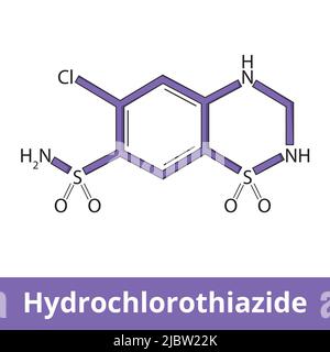 Structure chimique de l'hydrochlorothiazide. Il s'agit d'un médicament diurétique souvent utilisé pour traiter l'hypertension et l'enflure dues à l'accumulation de liquide. Illustration de Vecteur